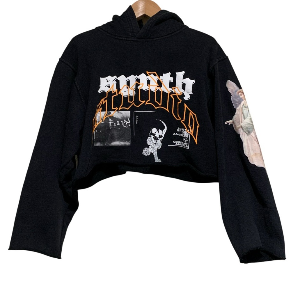 Synth Studio Los Angeles Black Graphic Hoodie Cropped Size XL Angel Heavyweight